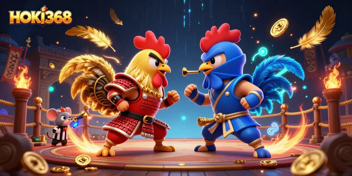 Watch HOKI368's roosters battle in a dynamic casino-themed 3D illustration filled with excitement.