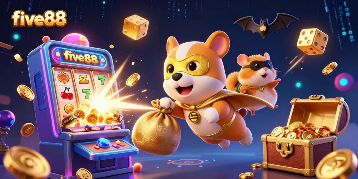 Experience five88's thrilling adventures with a superhero dog and hamster amidst flashing casino symbols.