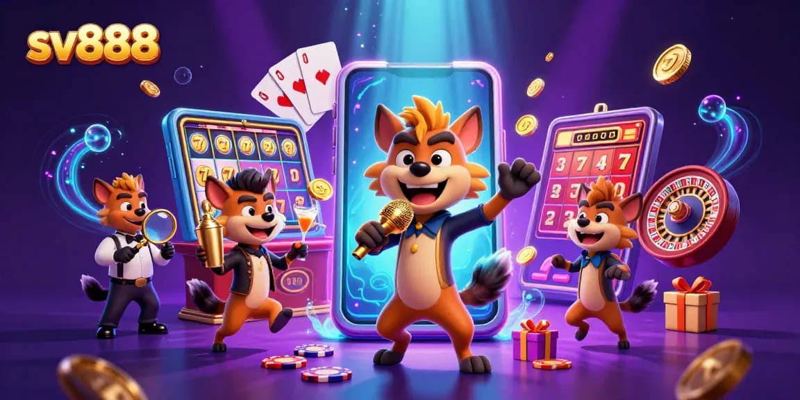 Engage with sv888 at a dynamic comedy casino featuring hyenas, slot games, and vibrant decorations.