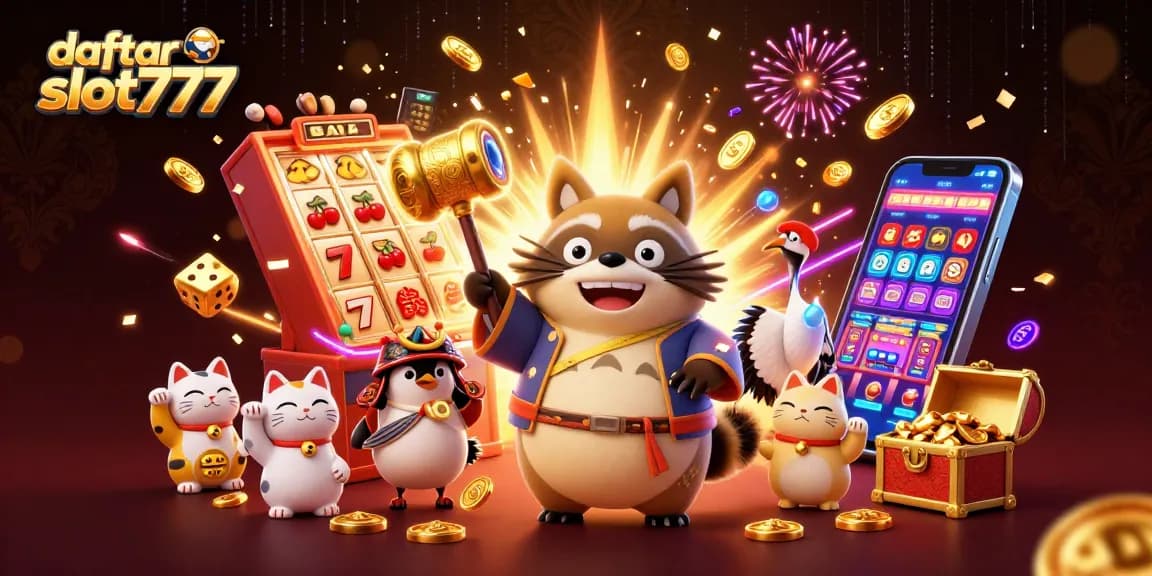 Experience thrills with daftar slot777 featuring cheerful tanuki and dynamic gaming action.