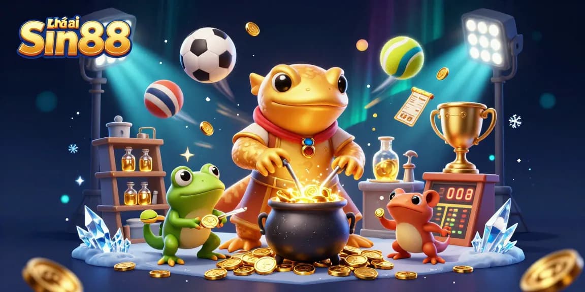 Engage in thrilling casino experiences with nhà cái Sin88, represented by a magical scene filled with gold and sports.