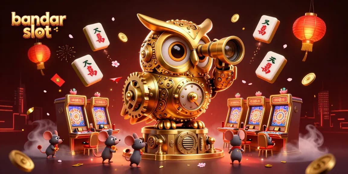 Experience the thrill of bandar slot as the golden owl oversees an enchanting casino scene filled with lucky symbols.