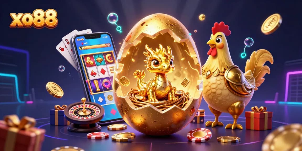 Play the colorful slot game with xo88 amidst a vibrant 3D casino scene.