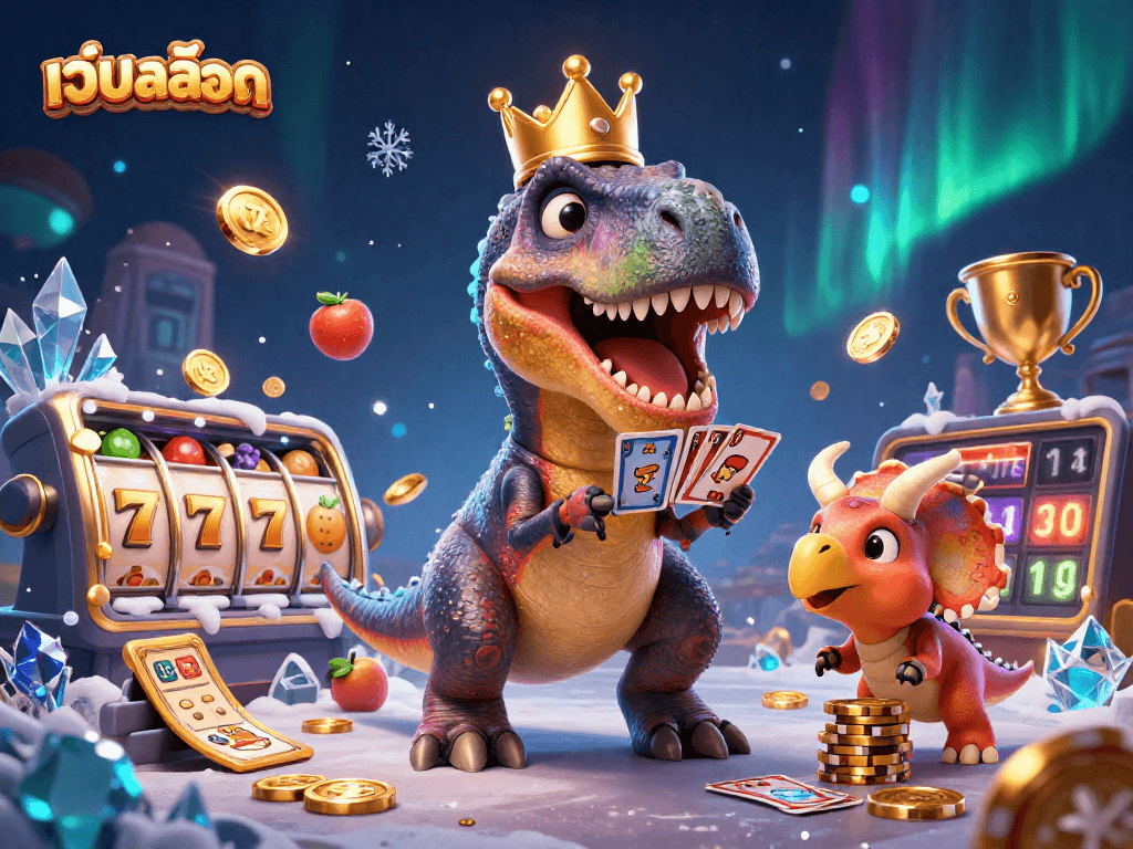Engage with เว็บสล็อต games as a cheerful dinosaur deals cards with fun casino elements.