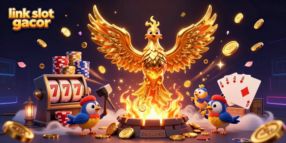 Engage with link slot gacor in an exciting 3D casino scene featuring a golden phoenix and vibrant game elements.