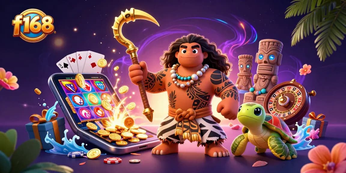 Engage in excitement at f168 with a Polynesian demigod and a turtle amidst vibrant casino elements.