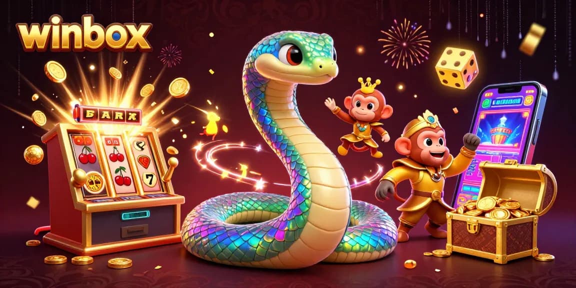Winbox, the playful monkey king amidst dynamic casino scenes with jackpots and slot machines.