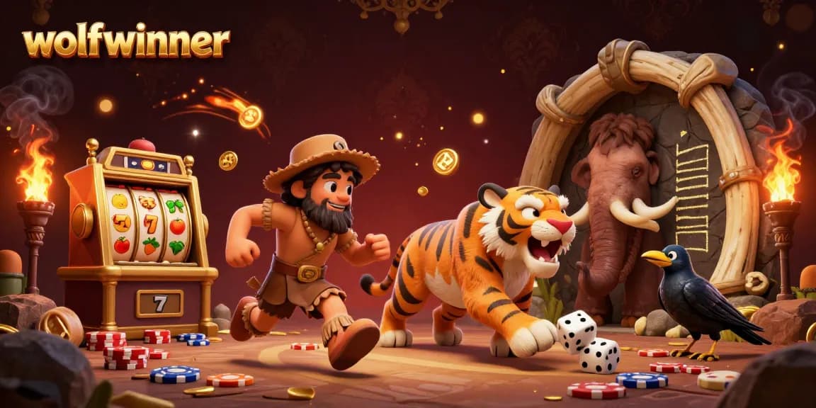wolfwinner showcases a vibrant 3D casino scene with dynamic caveman and sabertooth tiger characters.