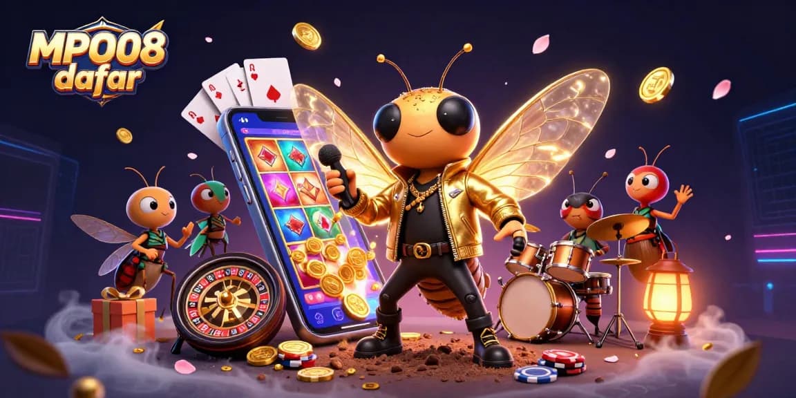 MPO08 daftar showcases a vibrant slot gaming scene with a rock star cicada, surrounded by coins and games.