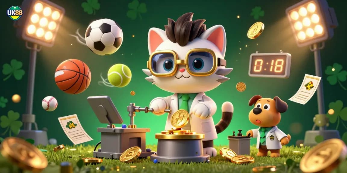 Experience thrilling bets with UK88, where a cartoon mad scientist cat creates golden coins amidst dynamic sports elements.