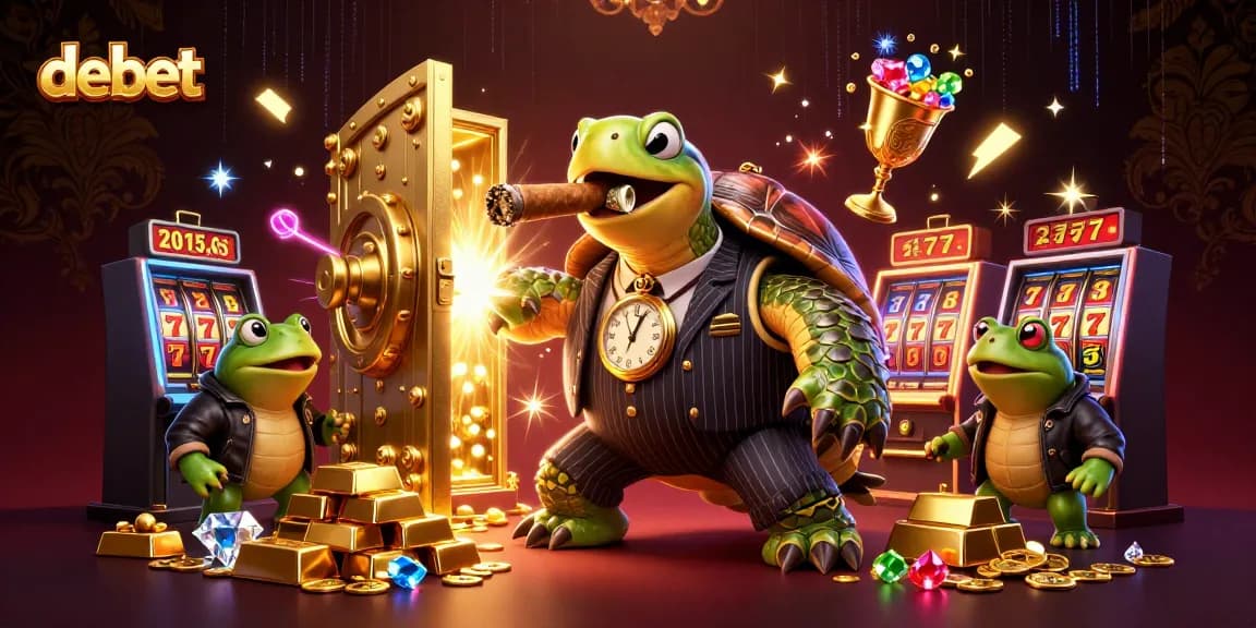Debet's casino scene showcases a snapping turtle mobster amidst vibrant slot reels, radiating winning energy.