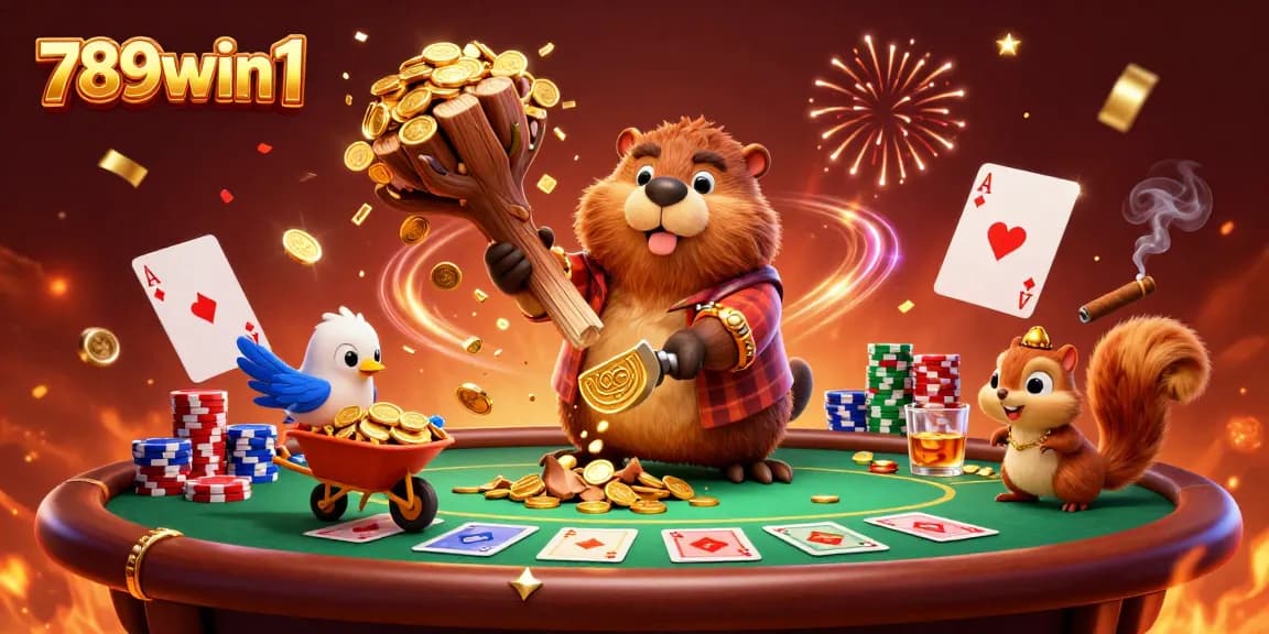 Join the excitement at 789win1 with a cheerful beaver celebrating wins among poker elements.