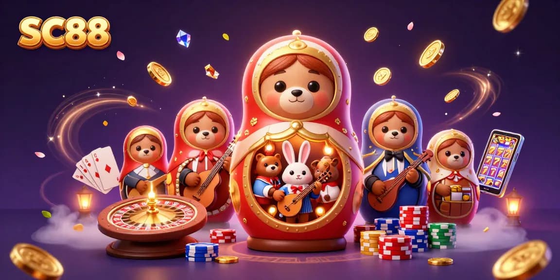 Experience thrill at SC88 with colorful bears, a serenading rabbit, and captivating casino elements.