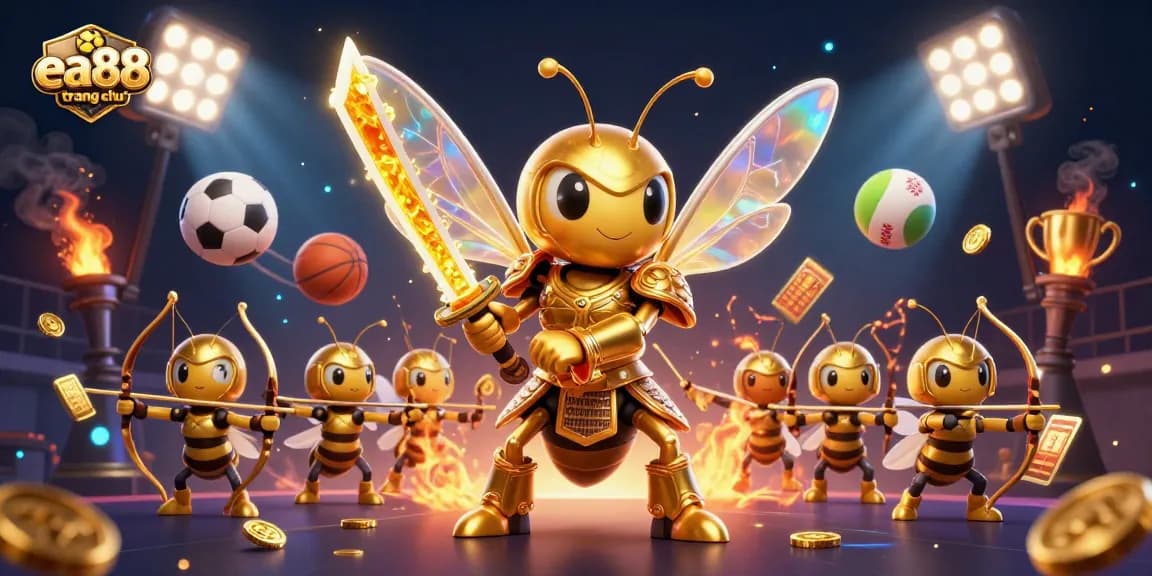 Engage in thrilling games on ea88 trang chủ with a dynamic scene of a giant hornet samurai and bee archers amid vibrant sports elements.