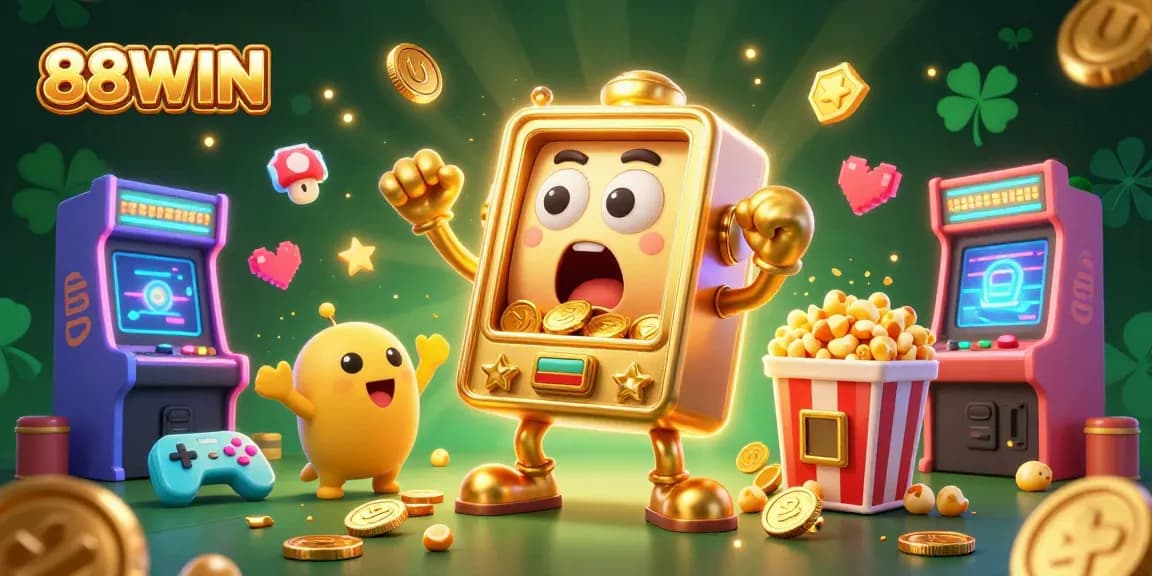 88WIN slot machine celebrating winning jackpot with coins pouring and baby slots cheering in a vibrant casino scene