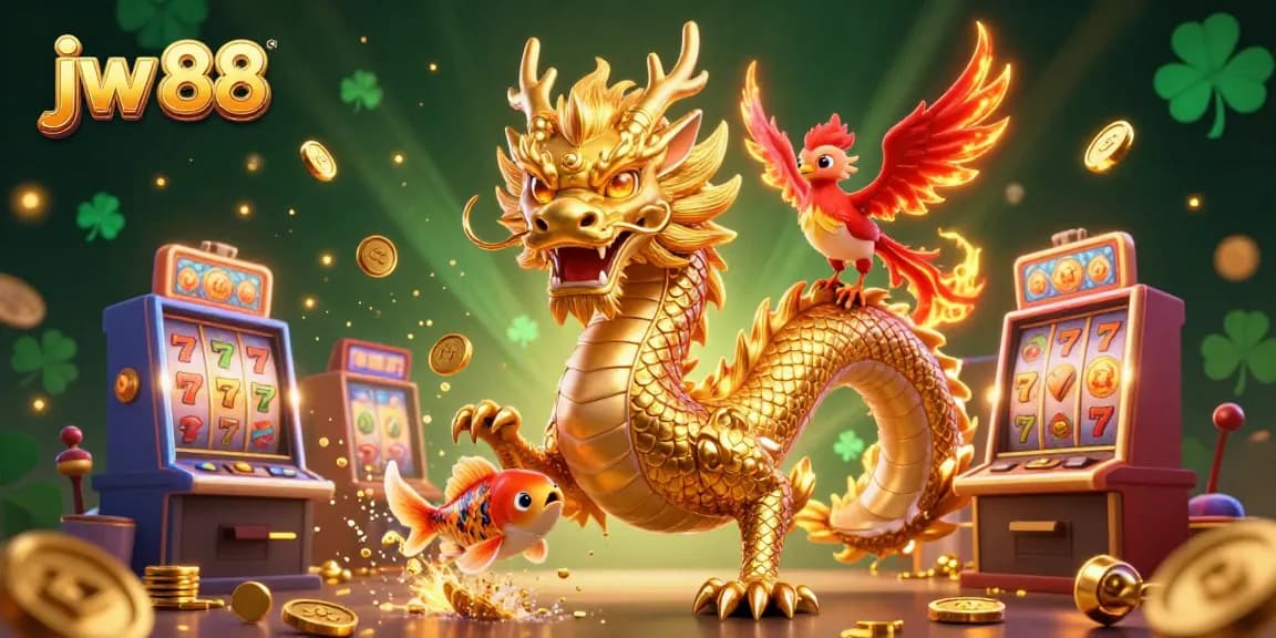 Experience thrilling winnings with jw 88 as a golden dragon and koi fish celebrate in a vibrant casino scene.