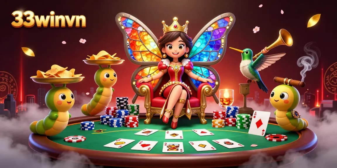 Engage with 33winvn in a vibrant 3D casino scene featuring a butterfly queen and poker elements.