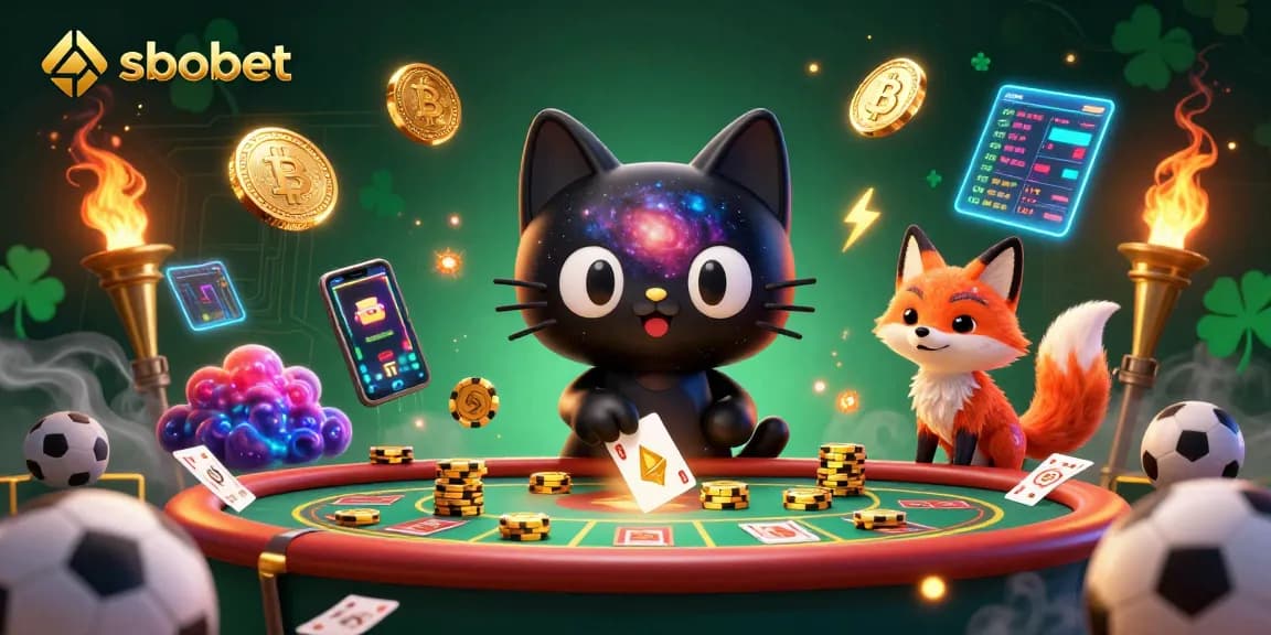 Engage with sbobet's dynamic betting landscape featuring sports balls and cosmic characters.