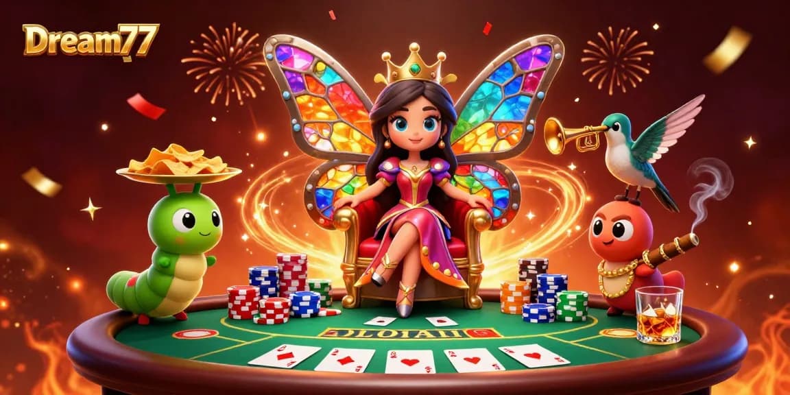 Experience high-stakes poker with Dream77, featuring a vibrant butterfly queen in a 3D illustration.