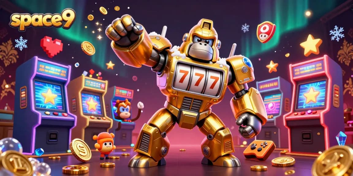 Spin the reels at space9 with a golden gorilla mech smashing jackpots amidst vibrant arcade action.