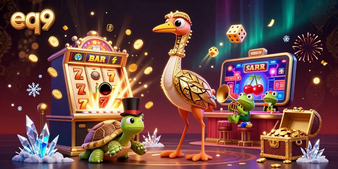 Spin and win at eq9 with a vibrant, lively digital casino illustration featuring fun characters and game elements.