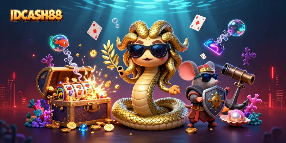 Experience the thrill of IDCASH88 with playful Medusa and a warrior mouse in a vibrant casino scene.