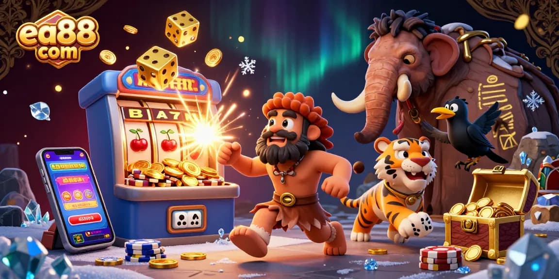Experience thrilling wins at ea88 com with a dynamic casino scene featuring a caveman, tiger, and crow.
