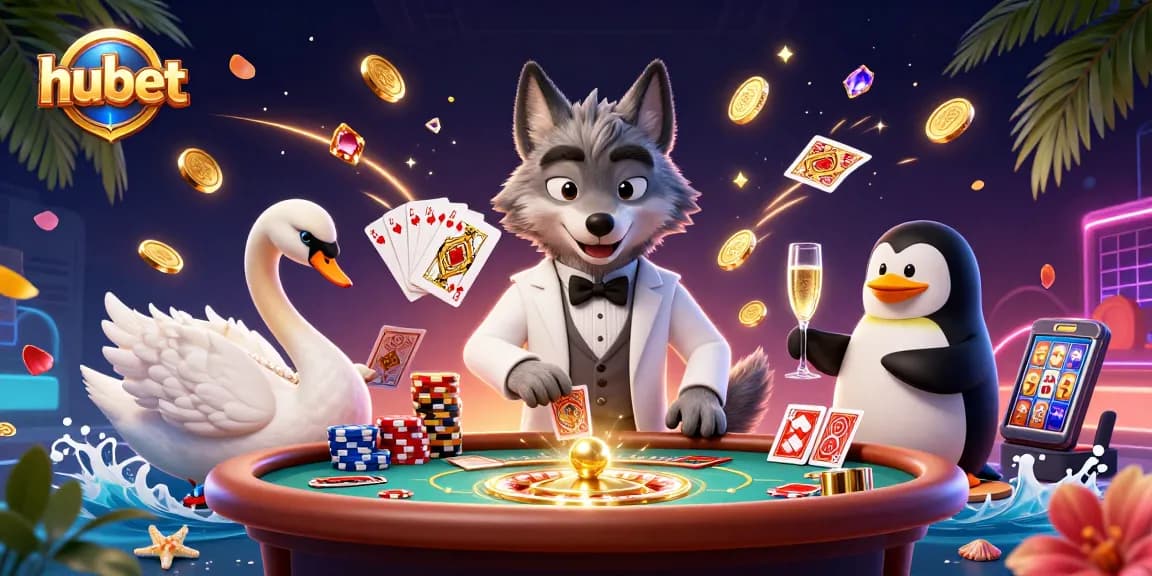 Engage in thrilling casino fun at hubet with an enchanting wolf, swan, and penguin at a vibrant baccarat table.