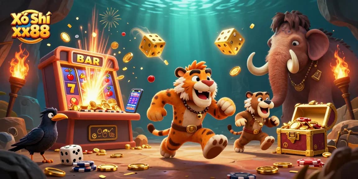 Xổ Số xx88 reveals a vibrant scene with a caveman and sabertooth duo at a prehistoric casino, showcasing thrilling gaming adventures.