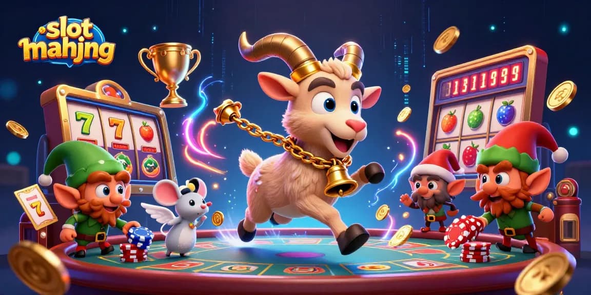 Play slot mahjong in a festive casino with Krampus and animated characters stealing chips.