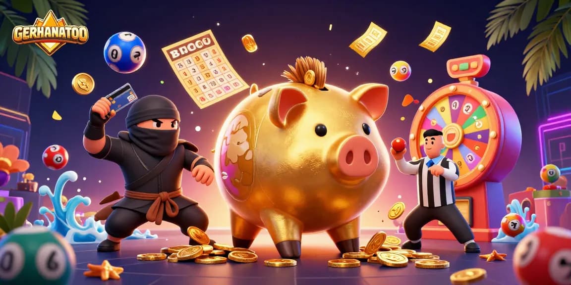 GERHANATOTO menghadirkan ilustrasi 3D menarik dengan karakter kasino dan elemen lotere.