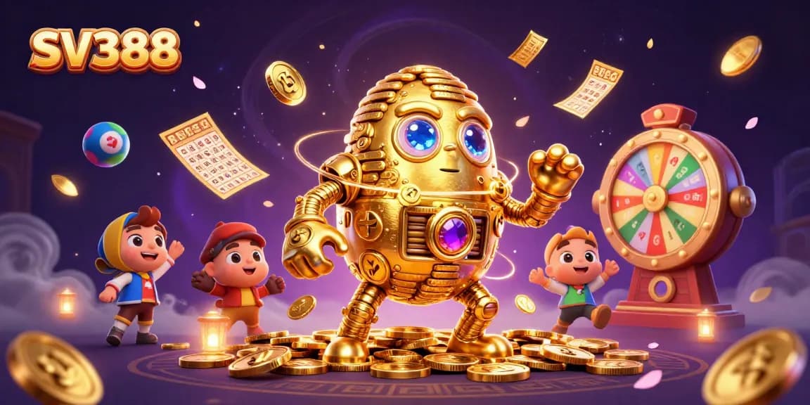 Engage with SV388's dynamic cockfighting experience featuring animated gold golem and colorful betting elements.