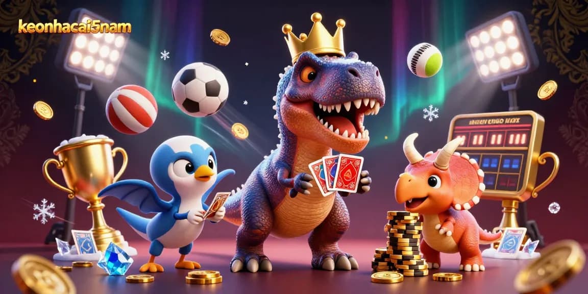 Engage with keonhacai5nam as a friendly T-Rex and helpers shuffle cards and stack chips in an energetic casino scene.