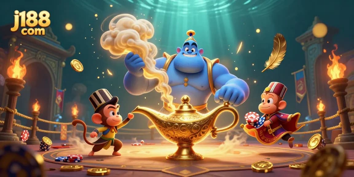 Experience thrilling moments with j188 com at this vibrant casino illustration featuring a genie and poker chips.