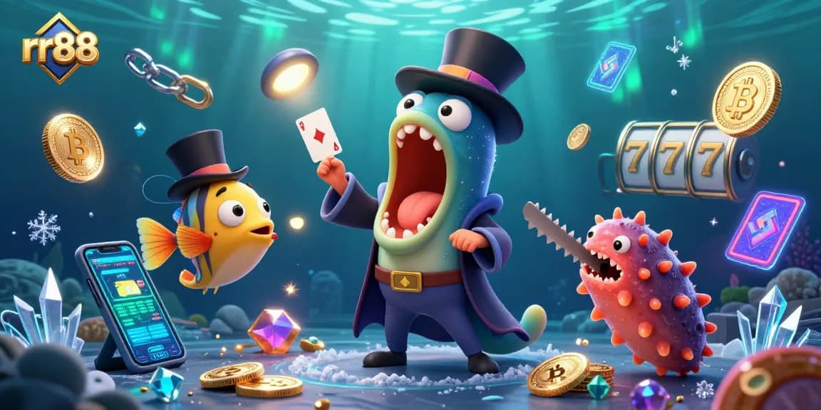 Experience rr88's thrilling card tricks in a vibrant, illuminated casino scene with unique marine characters.