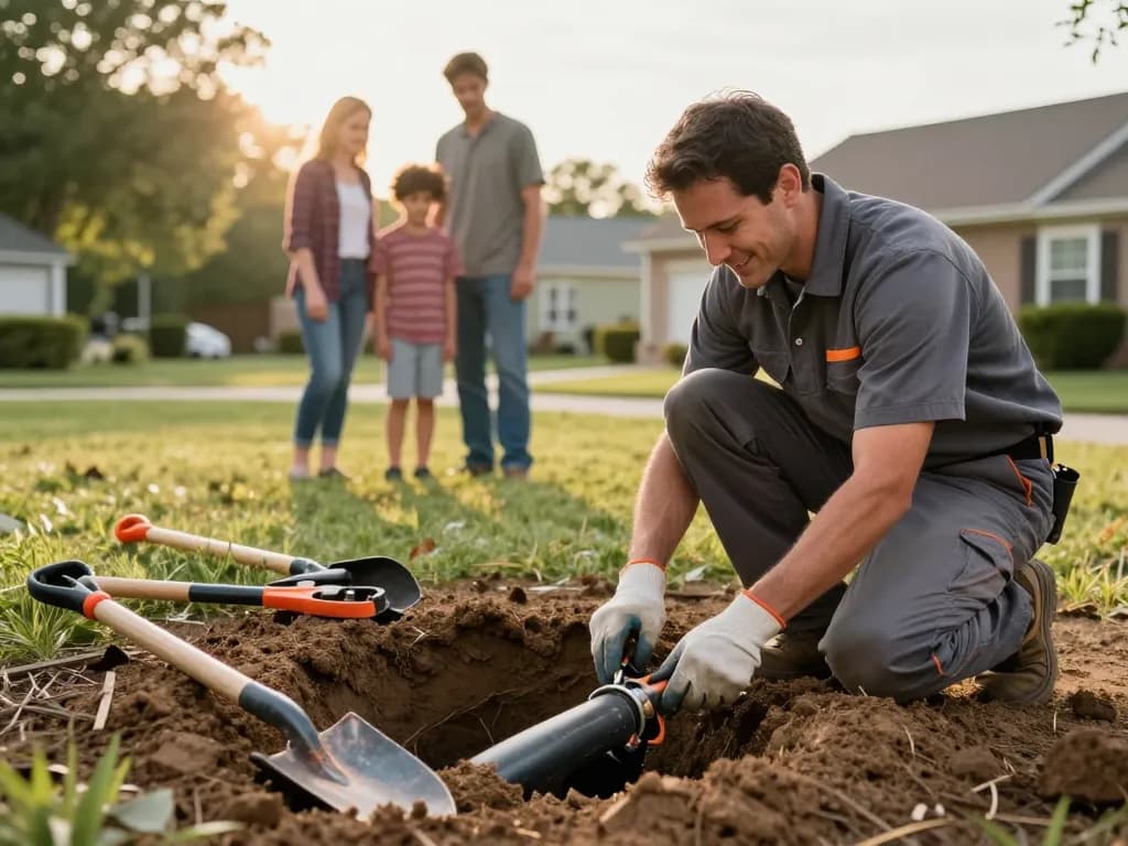 Sewer repair Hobart IN technician expertly repairing a residential sewer line in a backyard setting.