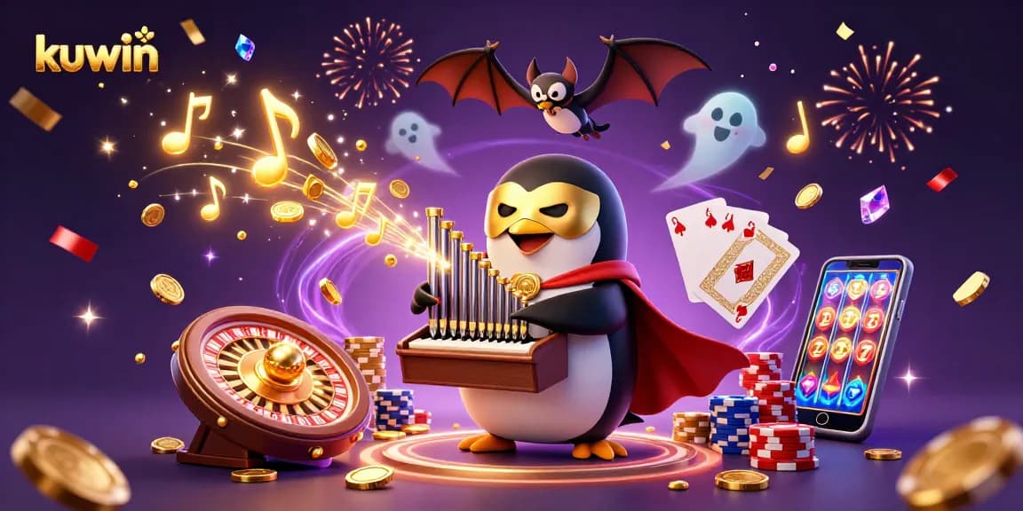 Kuwin's animated casino scene features a cartoon penguin, coins, and gems celebrating wins.