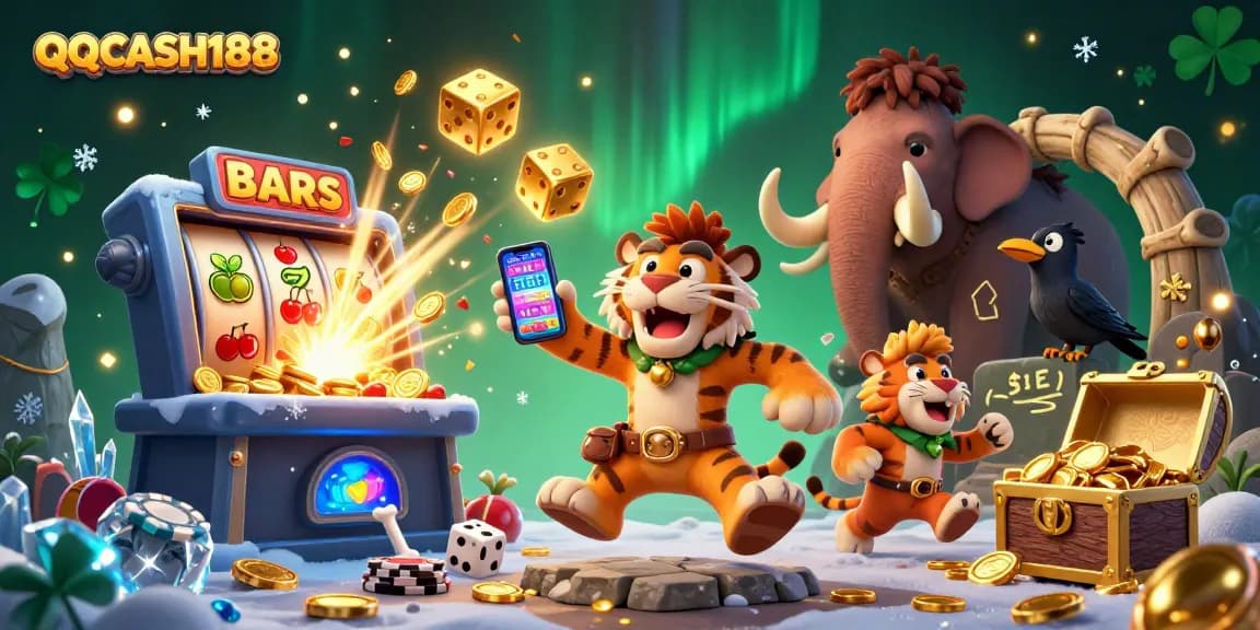 Activate exciting wins with QQCASH188 in a thrilling prehistoric casino scene.