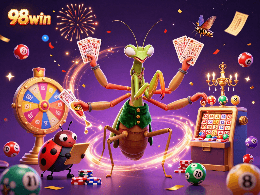 Engage with vibrant games at 98win, featuring a dynamic casino scene with lively characters and lottery elements.