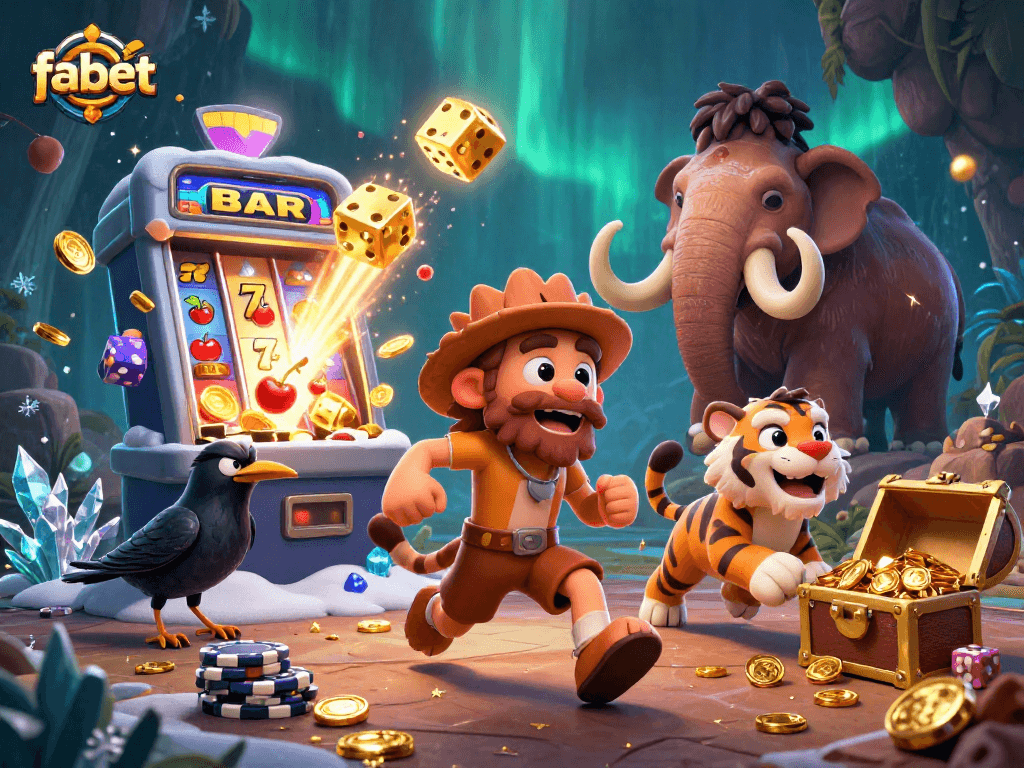 Engage with fabet's thrilling prehistoric casino setup featuring intriguing 3D characters and game elements.