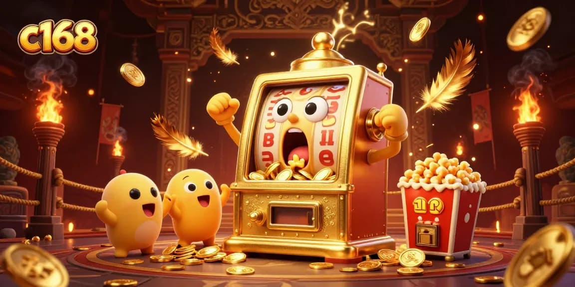 C168 slot machine winning jackpot as coins overflow, surrounded by golden elements and cheering machines.