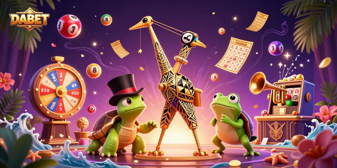 DABET showcases vibrant lottery dynamics with a flapper crane, turtle bartender, and lively frog in a festive casino scene.