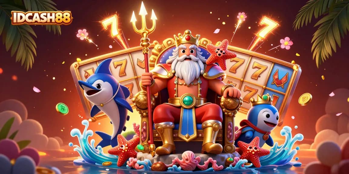 Experience thrilling gaming with IDCASH88, featuring slot reels and golden tridents in a vibrant setting.
