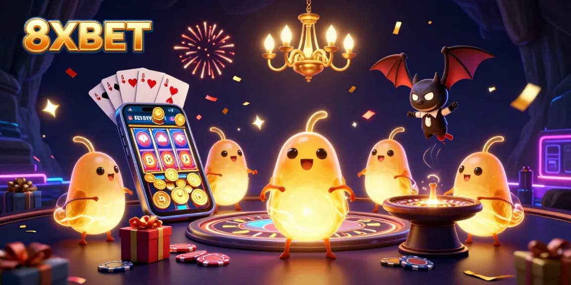 Illuminate your gaming experience with 8XBET's vibrant casino scene featuring playful glowworms and dynamic game elements.