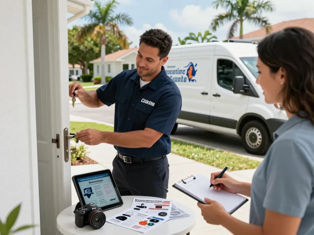 Locksmith Hobe Sound FL professional helping a homeowner with door lock services, showcasing tools and locksmith van.