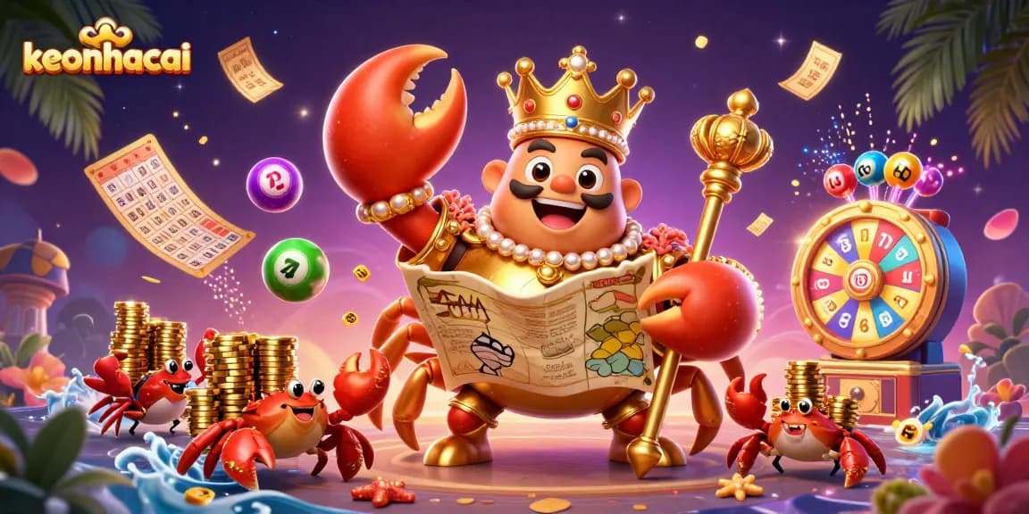 Engage with keonhacai through a vibrant 3D scene of a golden crab emperor amidst a treasure-filled lottery celebration.
