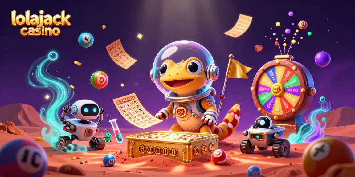 Experience the thrill of lolajack casino with an imaginative scene of a Martian gecko and gaming elements.