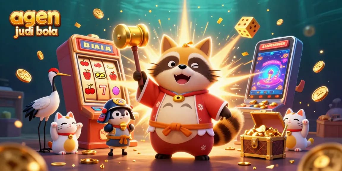 Engage in agen judi bola with a vibrant illustration of festive tanuki and lucky items in a casino scene