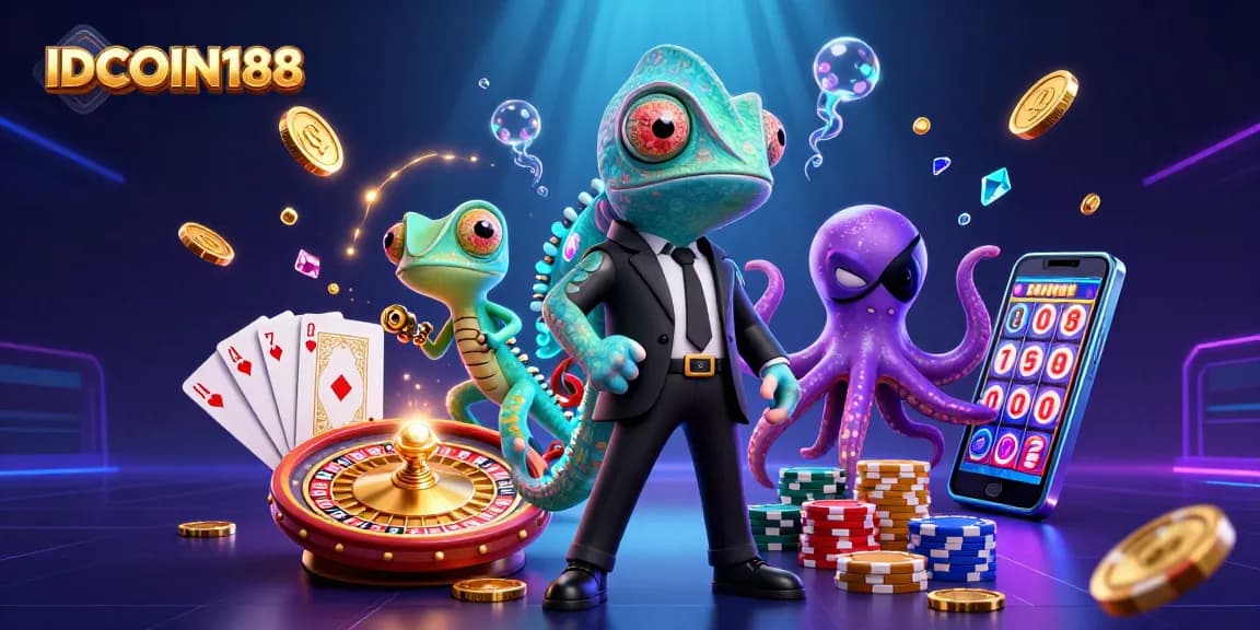 IDCOIN188 engaging players with a colorful casino adventure featuring a vibrant 3D illustration of unique characters.
