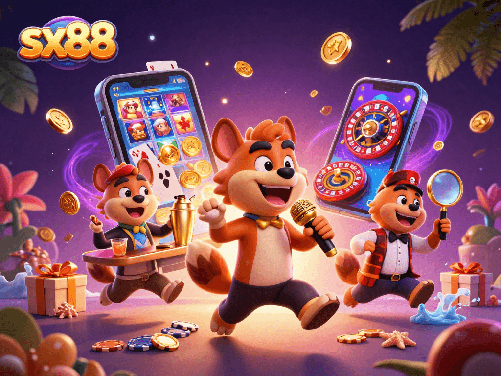 Sx88 offers a lively casino club atmosphere with entertaining hyena characters engaging in various activities.